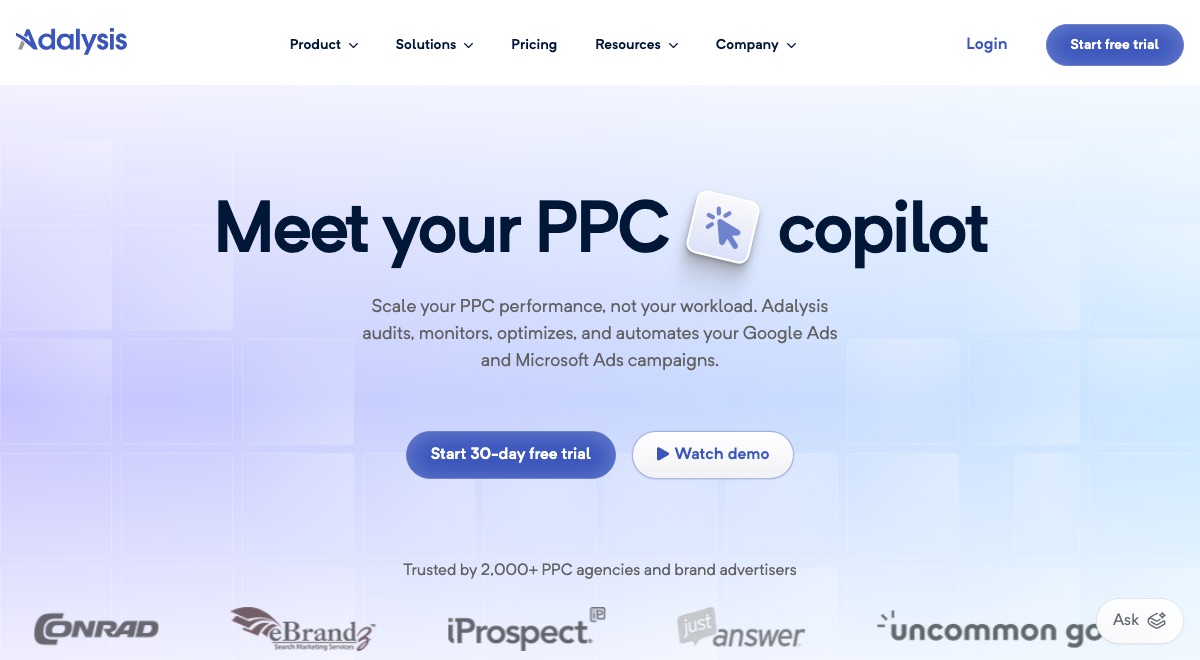Adalysis homepage hero, showing its PPC copilot positioning