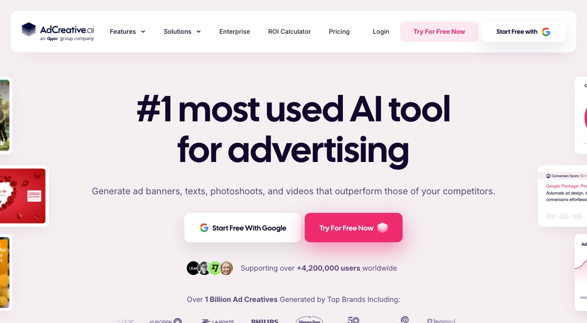 AdCreative.ai homepage hero, showing its AI ad creative generation positioning