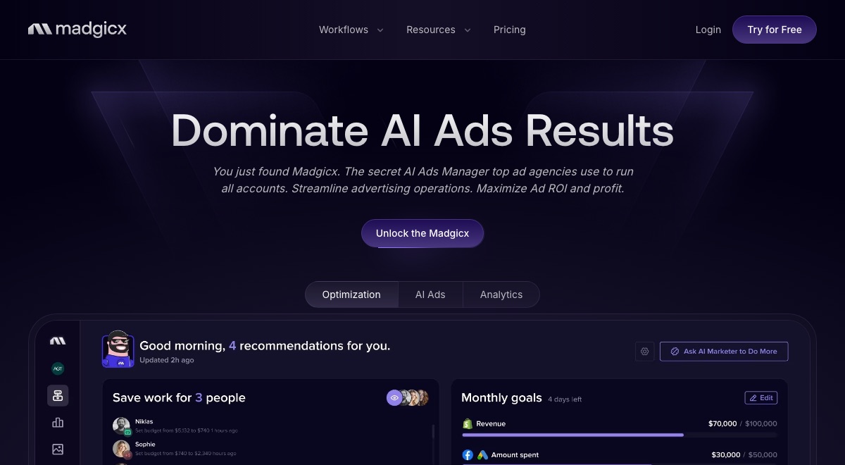 Madgicx homepage hero, showing its Meta ads optimization dashboard