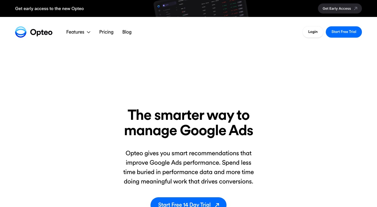 Opteo homepage hero, showing its Google Ads management positioning