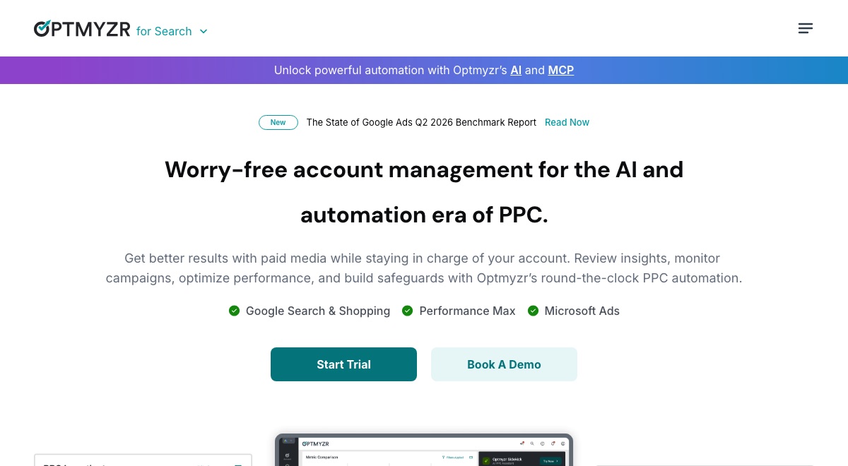 Optmyzr homepage hero, showing its account management positioning