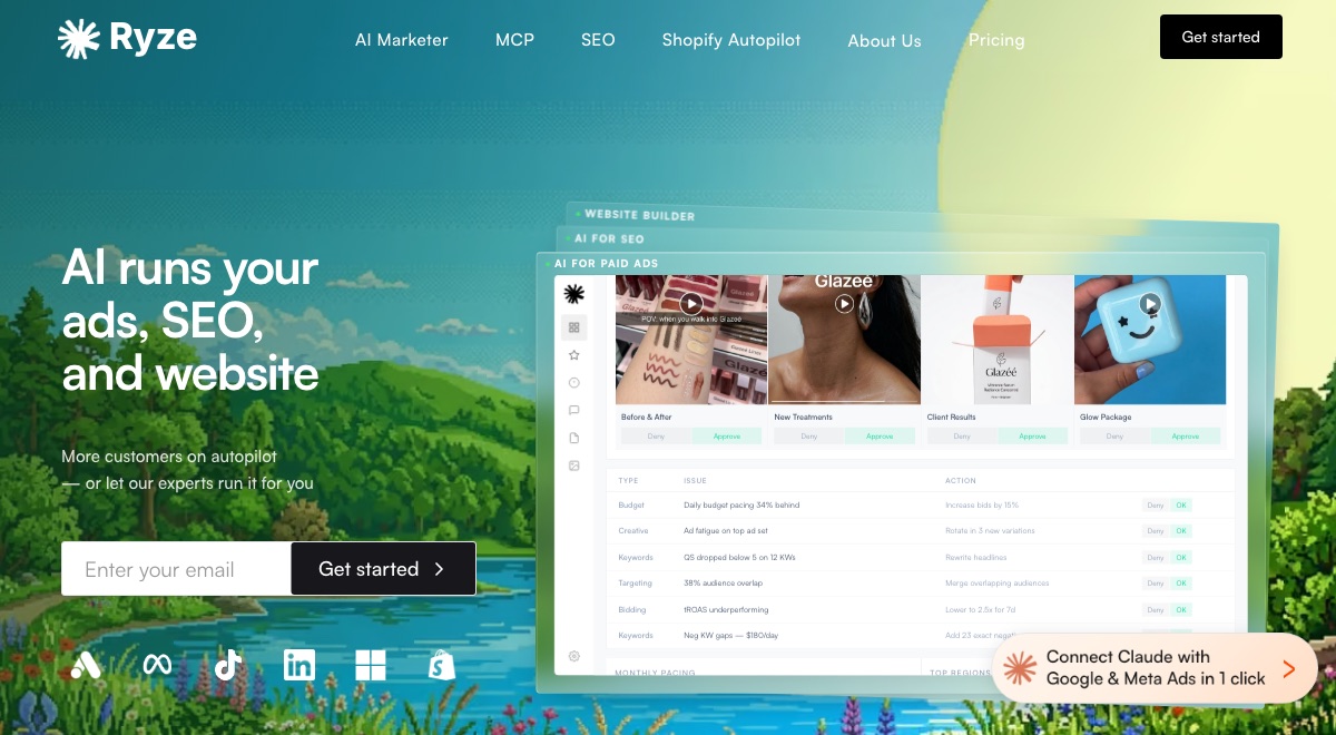 Ryze AI homepage hero, showing its paid ads autopilot with per-change approve and deny controls