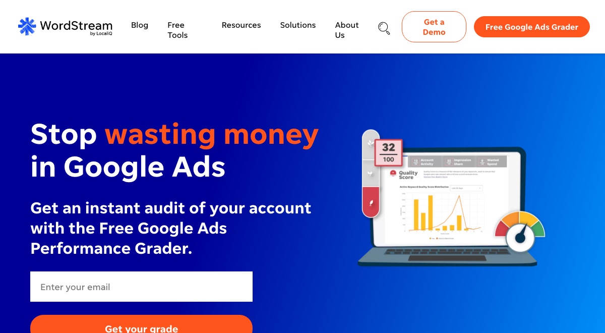 WordStream by LocaliQ homepage hero, showing its free Google Ads Performance Grader score report
