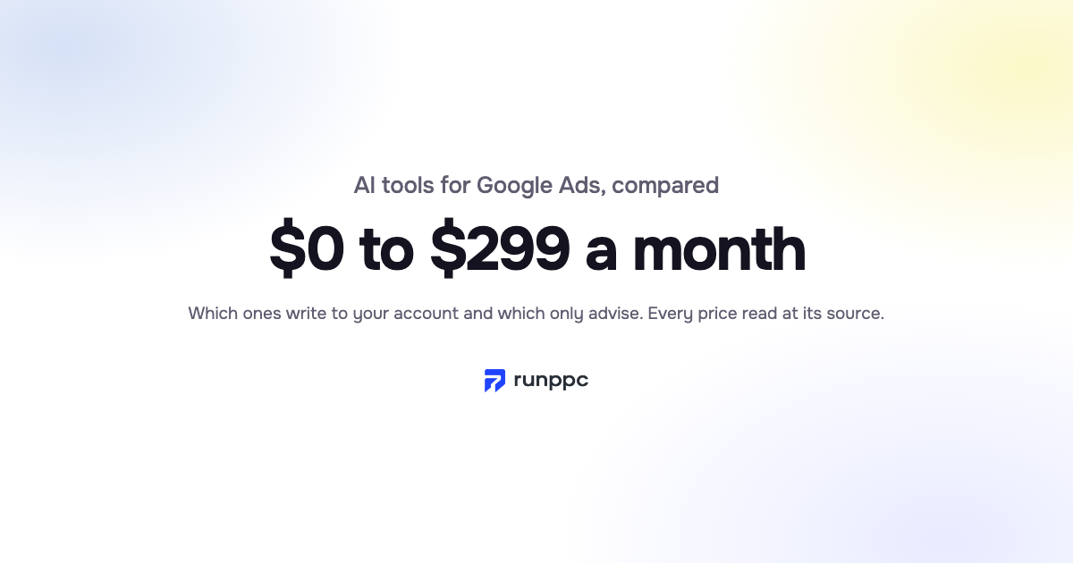 Eleven AI tools for Google Ads listed in one column, each marked by whether it can apply a change to your Google Ads account